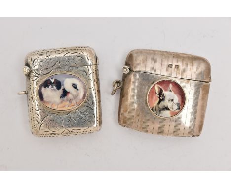 TWO SILVER AND ENAMEL VESTA CASES, the first of a rectangular form, engraved scrolling foliate pattern displaying an enamel p