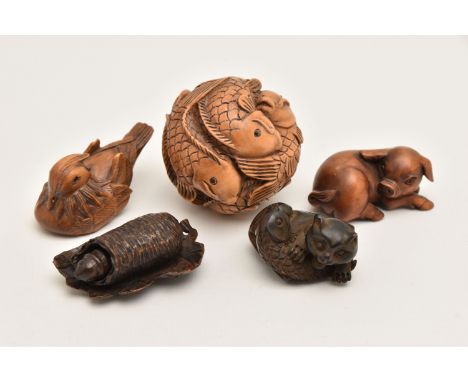 AN ASSORTMENT OF NETSUKE, five carved netsuke, depicting a duck, a cat and fish, a caterpillar and cocoon, a pig and a sphere