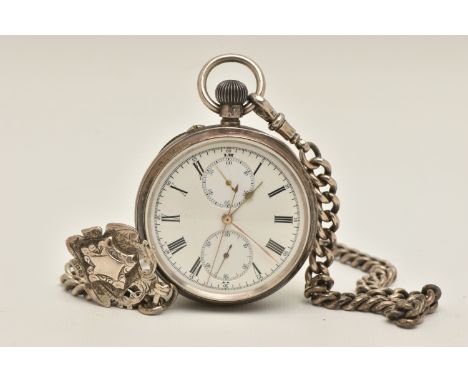 AN OPEN FACE CHRONOGRAPH POCKET WATCH, hand wound movement, round white dial, unsigned, Roman numerals, two subsidiary dials 