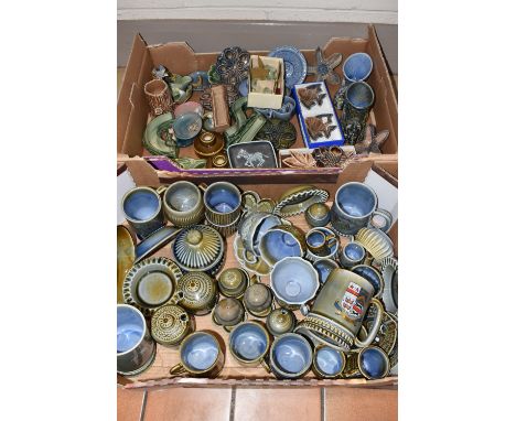 TWO BOXES OF BLUE-GREEN WADE ITEMS to include a quantity of candlesticks to include flat floral patterned holders, a box of s