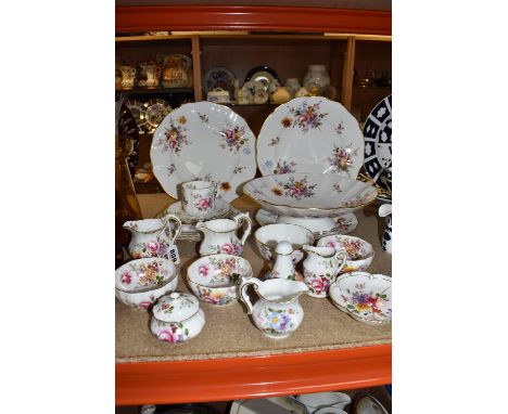 TWENTY TWO PIECES OF ROYAL CROWN DERBY 'DERBY POSIES' TEA AND DINNER WARES, comprising a footed bowl, a salt shaker, a preser