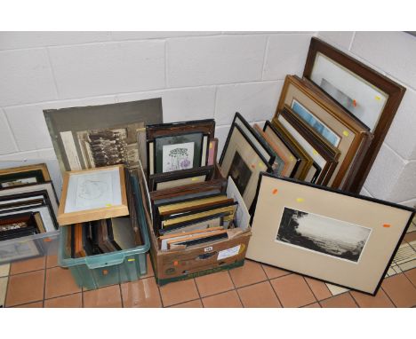 THREE BOXES AND LOOSE ASSORTED PRINTS ETC, to include an etching by John G. Mathieson depicting a landscape, an indistinctly 