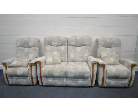 A BEIGE UPHOLSTERED THREE PIECE LOUNGE SUITE, comprising a two seater sofa 136cm x depth 89cm x height 106cm, along with a pa