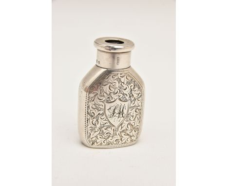 A LATE VICTORIAN SILVER 'THE MAZE' MORTONS PATENT BOTTLE SHAPE VESTA CASE, decorated with a scrolling foliate pattern and eng
