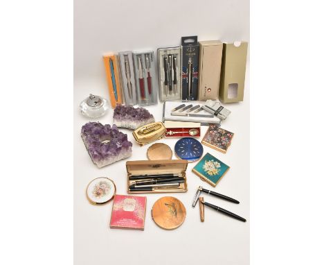 A BOX OF ASSORTED ITEMS, to include a selection of compacts, names to include Kigu and Stratton, a Ronson desk top lighter, a