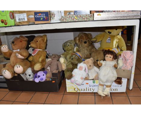 FOUR BOXES OF SOFT TOYS AND TEDDY BEARS, approximately eighty items to include a large 'Nora Wellings' brown haired doll, an 