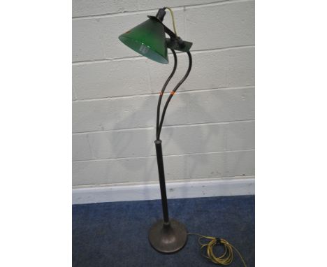 A HEAVY COPPER AND BRASS TWIN BRANCH FLOOR LAMP, fitted with a later enamel shade and fitting, height 134cm, condition report