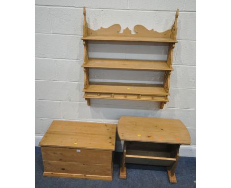 THREE PIECES OF PINE OCCASIONAL FURNITURE, to include a small storage chest, width 70cm x depth 39cm x height 40cm, a magazin