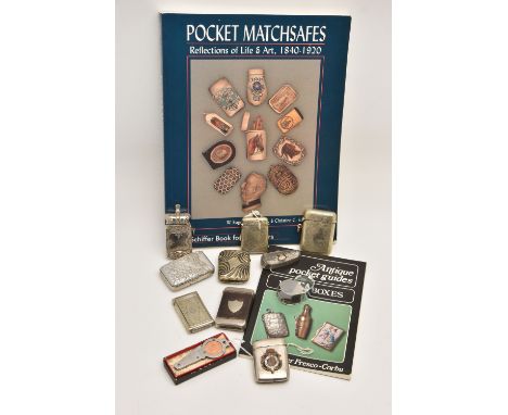 A BOX OF ASSORTED WHITE METAL VESTA CASES AND TWO BOOKS, nine vesta in total of various designs, a boxed novelty pocket knife