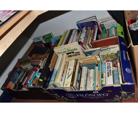 FOUR BOXES OF VINTAGE BOOKS to include a large quantity of antiques interest books covering ceramics, glass, die-cast, paperw