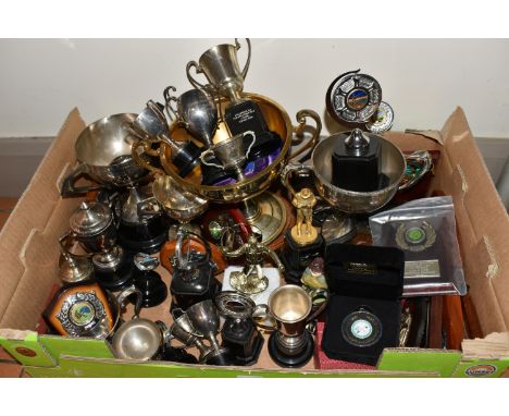 A BOX OF ASSORTED TROPHIES, plaques and medals, for angling and gardening, etc (1 box) (sd)