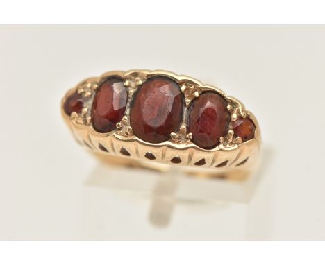 A 9CT GOLD GARNET RING, set with five graduating oval cut garnets, each claw set, to a polished band, hallmarked 9ct Birmingh