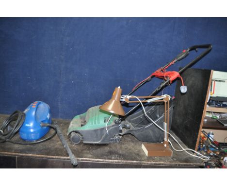 A QUALCAST LAWN SCARIFIER, with collection box, a Draper pressure washer (both PAT pass and working) and an articulated lamp 