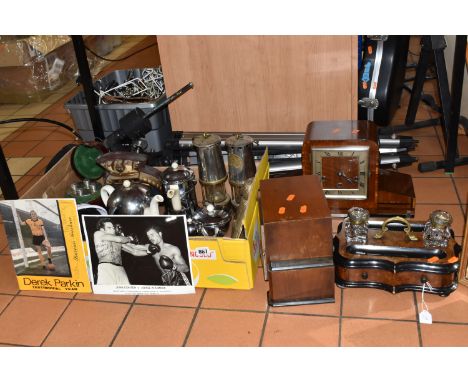 ONE BOX AND LOOSE MISCELLANEOUS ITEMS to include two art deco wooden mantel clocks, an ink pen stand to include two glass ink