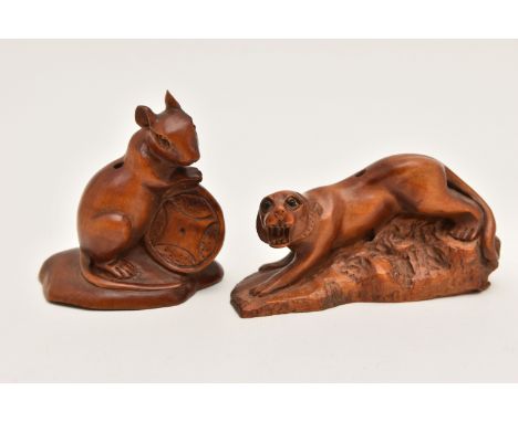 TWO NETSUKE, to carved netsuke, depicting a panther and a mouse with a wheel, both with the same signature to base, (conditio