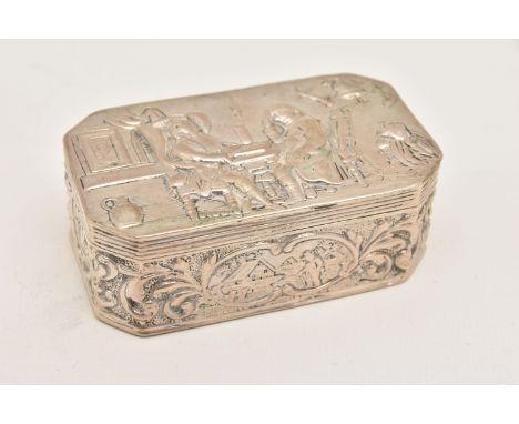 A CONTINENTAL WHITE METAL BOX, of a rectangular form, embossed with two gentlemen playing a game to the hinged cover, with sc