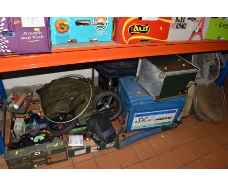 TWO BOXES AND LOOSE FISHING TACKLE AND EQUIPMENT, to include a large quantity of vintage keep nets, four fishing boxes/seats,