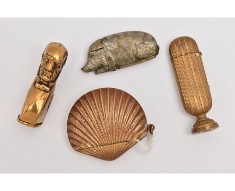 FOUR NOVELTY VESTA CASES, to include a shell, pig, gentleman, an engine turned pattern vesta with seal to the base (condition