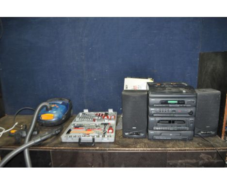 A COLLECTION OF HOUSEHOLD ELECTRICAL AND TOOLS, including a Sanyo Hi Fi with matching speakers, an Electrolux vacuum cleaner 