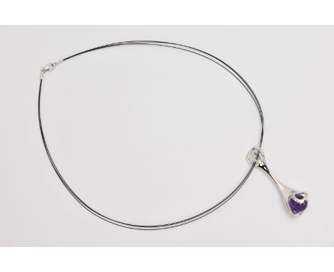 A 'DANIEL VIOR' NECKLACE, a Spanish designer abstract white metal pendant, suspending a spherical amethyst, stamped 925, sign