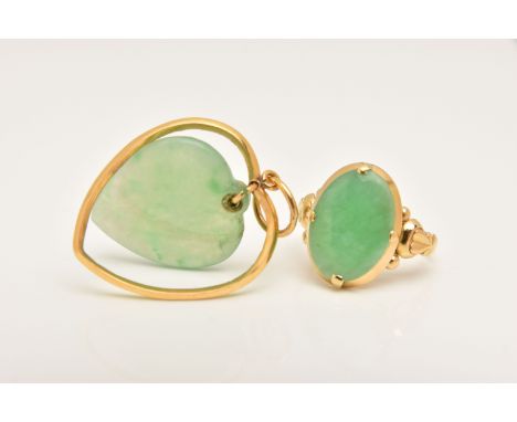 A YELLOW METAL JADE RING AND PENDANT, oval green jade, prong set in yellow metal, with open work detail to the tapered should
