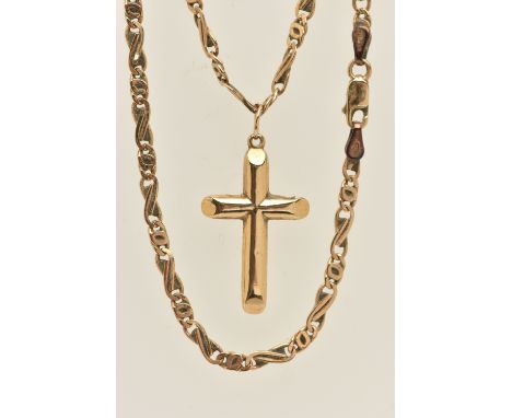 A HOLLOW YELLOW METAL CROSS PENDANT AND CHAIN, hollow cross pendant fitted with a jump ring for suspension, unmarked, 37mm in