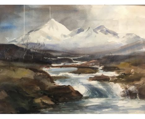 AUBREY R. PHILLIPS. Framed, signed, dated 1990, titled ‘Cuillin, Isle of Skye, Scotland’, watercolour on paper, fairy pools b