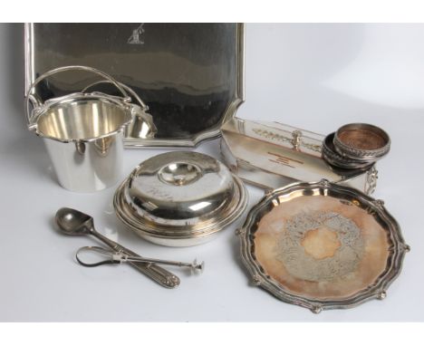 A selection of silver plate including ice bucket, ice cream scoop, tray, ladle, desk box, etc. IMPORTANT: Online viewing and 