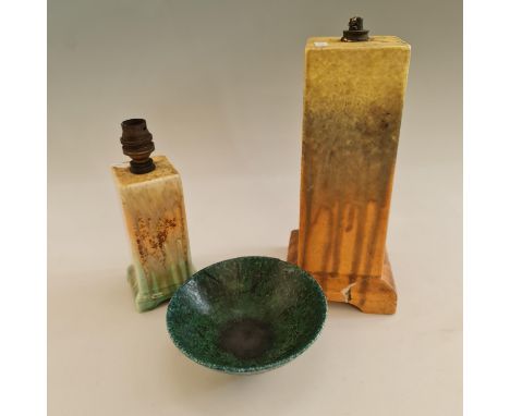 A Ruskin green bowl (AF), with a large lamp base (AF) and a smaller lamp base. Important: Online viewing and bidding only. No