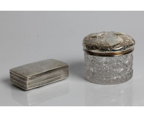 A silver snuff box with indistinct marks, probably for Birmingham 1869, 7cm x 4cm x 2cm, with silver lidded cut glass pot, de