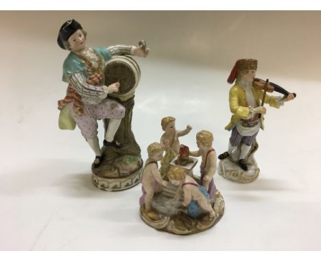 Three Meissen figures, four cherubs around fire, man with wine barrel (restored), man playing viola, all with crossed swords 