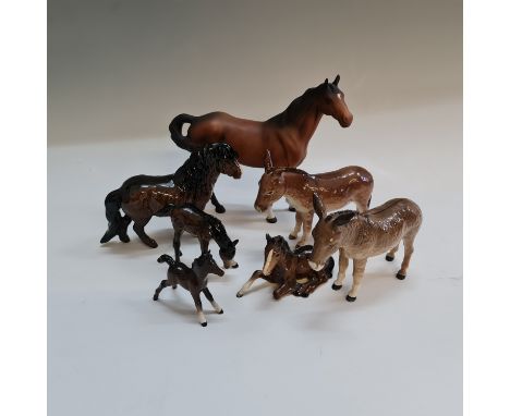 Two Beswick donkeys, three foals, one pony and a horse. IMPORTANT: Online viewing and bidding only. Collection by appointment