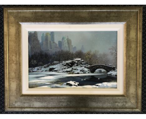 ALEXANDER CHEN. Framed, signed and titled ‘Central Park Bridge - Winter’, mixed media serigraph, icy lake in New York park, m