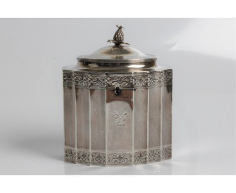 A George III silver tea caddy with lion to front, stag to back and pineapple finial, with marks for London 1792 and John Robi