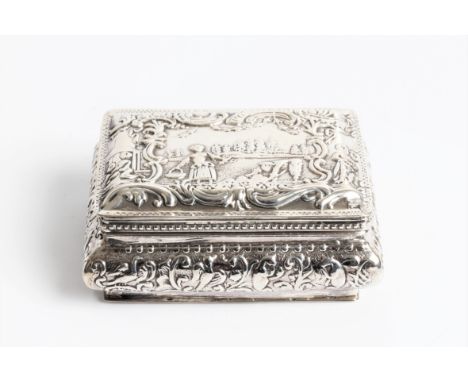 A silver decorative snuff box decorated with rural scenes to top figures in a field to base cow with milk maid and other anim