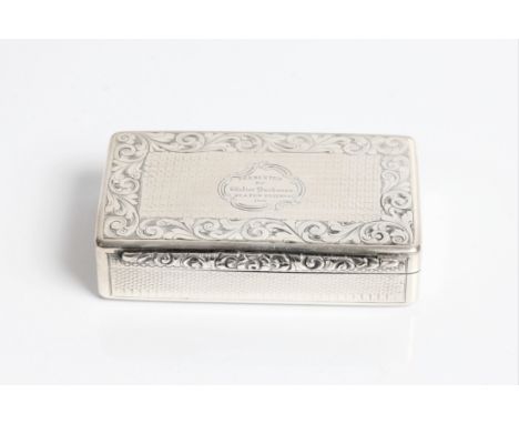 A Victorian snuff box with presentation inscription to top with marks for Birmingham 1842 and maker Edward Smith, approx. wei