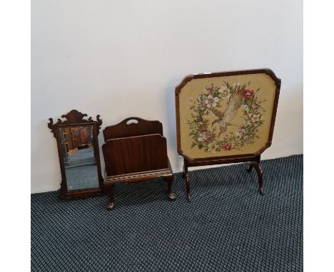 A Waring &amp; Gillows mahogany magazine rack with an embroidered and glazed fire screen table and an early 19th century maho