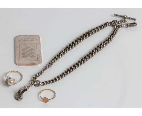 A silver ingot, approx. weight 31.6gms, and a silver Albert watch chain. approx. weight 42gms, a white gold pearl style ring 