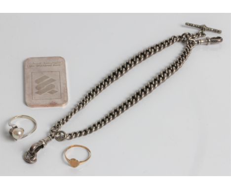 A silver ingot, approx. weight 31.6gms, and a silver Albert watch chain. approx. weight 42gms, a white gold pearl style ring 