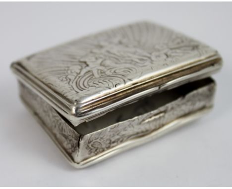 Silver snuff box with gilt interior decorated with cherubs and a goddess on chariot, marks rubbed, 50g