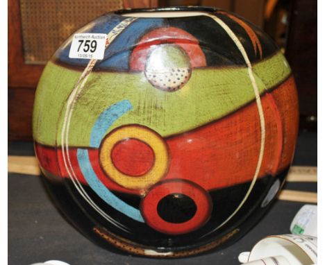 Modern stoneware circular vase in red, black and green abstract design, H ~ 28cm