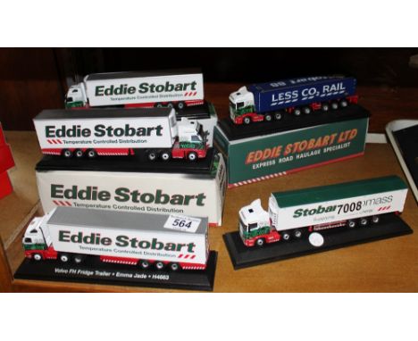 Five collectors edition model Eddie Stobart articulated lorries, 1/76 scale, made by Atlas