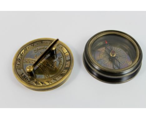 Small brass pocket compass with sundial, marked Stanley of London