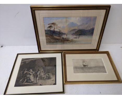 Pictures to include attributed to Edwin Earp, watercolour a river scene; Rowland Longmaid etching attributed to Sir John Gilb