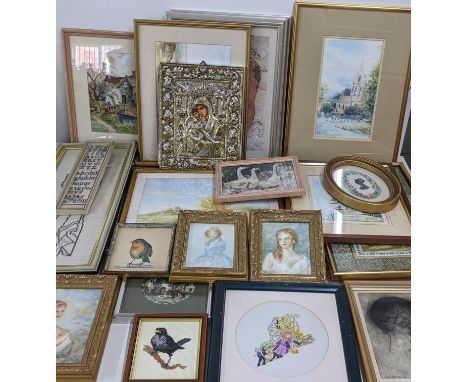 A mixed lot of pictures to include a Malte Sterner signed etching together with a reproduction silver and gold plated Russian