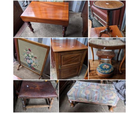 Mixed furniture to include an Edwardian cabinet, 19th century and later stools, firescreen and other itemsLocation:If there i