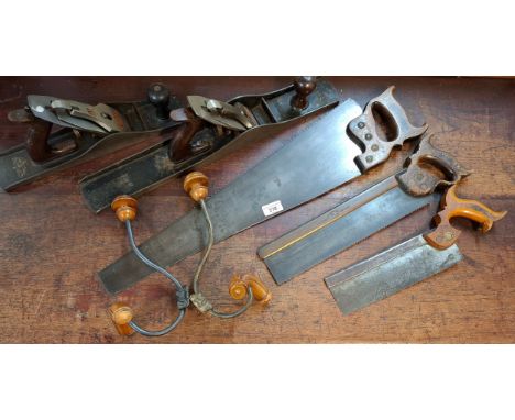A small group of vintage treen handled tools to include a Stanley plane stamped Bailey, a Record plane, a Marples & Sons Hibe
