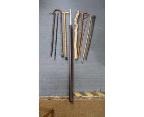 A group of treen walking sticks to include a driftwood example and others together with a Military swagger stick and a Telesc