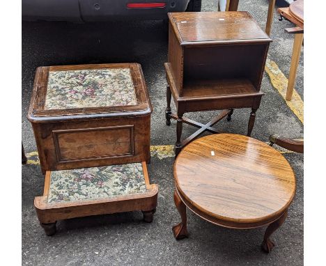 A Victorian walnut commode with a pull out bed step together with an occasional table and beside tableLocation:If there is no
