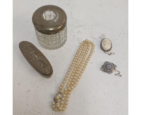 A mixed lot to include two Victorian brooches, a gold plated and blue enamel mourning brooch set with seed pearls A/F, togeth